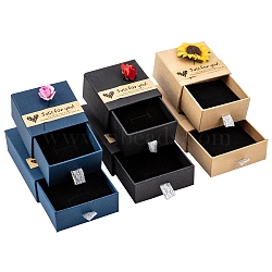 Kraft Paper Jewelry Ring Box, with Paper Flower and Stickers, Square & Rectangle, Mixed Color, 6.05x6.1x3.65cm, 9.05x7.05x3.05cm, 6pcs/set(CON-BC0005-87)