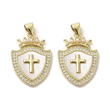 Brass Pave Shell Pendants, Religion Cross Charms with ABS Imitation Pearl, Real 18K Gold Plated, Shield, 27x18x2.5mm, Hole: 3.5x4mm