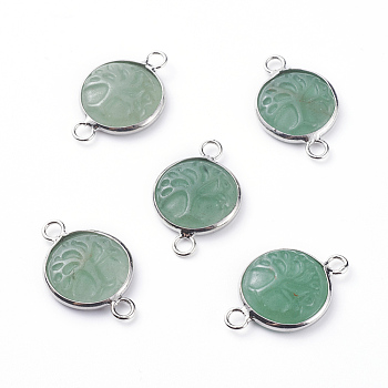 Natural Green Aventurine Links connectors, with Platinum Tone Brass Cabochon Connector Settings, Flat Round with Tree, 23~24x15~16x5~6mm, Hole: 2.5mm