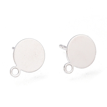 Brass Stud Earring Findings, Long-Lasting Plated, with Loop and Rhodium Plated 925 Sterling Silver Pin, Flat Round, Real Platinum Plated, 13.3x10x0.5mm, Pin: 0.6mm