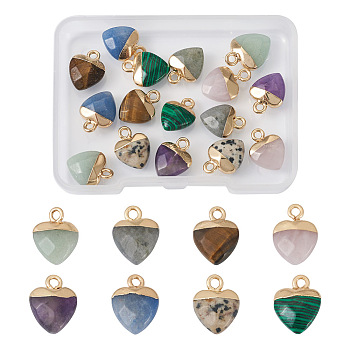 16Pcs 8 Styles Natural & Synthetic Gemstone Charms, with Light Gold Plated Iron Findings, Heart, 13.5x10.5x5~5.5mm, Hole: 1.6~1.8mm, 2pcs/style
