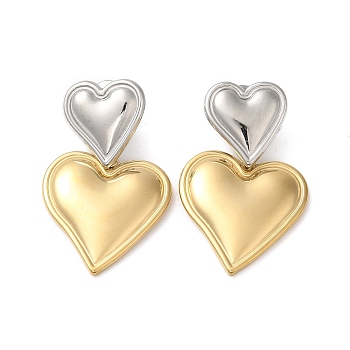 304 Stainless Steel Dangle Stud Earrings, Heart, Real Gold Plated & Stainless Steel Color, 33x20mm