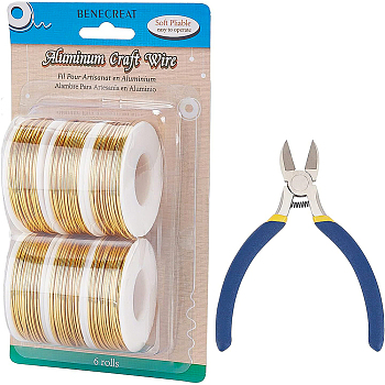BENECREAT Round Aluminum Wire, with Iron Side Cutting Pliers, Gold, 17 Gauge, 1.2mm, 16m/roll, 6 rolls