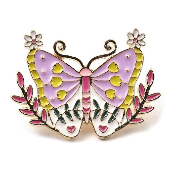 Golden Alloy Brooches, Butterfly Enamel Pins for Women, Plum, 26x36x2mm