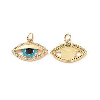 Eye Brass Micro Pave Clear Cubic Zirconia Charms, with Jump Rings and Enamel, Cadmium Free & Nickel Free & Lead Free, Real 18K Gold Plated, 13x19.5x2.5mm, Hole: 3.4mm