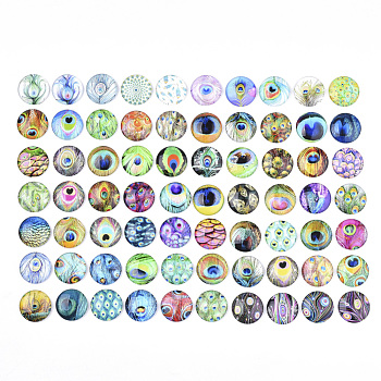 Flatback Glass Cabochons for DIY Projects, Dome/Half Round with Peacock Feathers Pattern, Mixed Color, 25x6mm