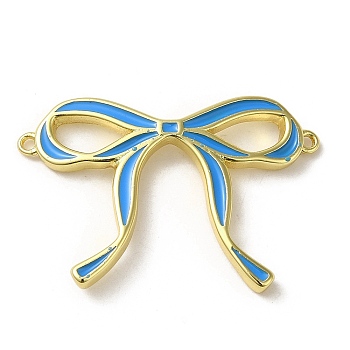 Brass Enamel Connector Charms, Bowknot Link, Real 18K Gold Plated, Deep Sky Blue, 21.5x32x3mm, Hole: 1mm