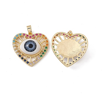 Brass Micro Pave Cubic Zirconia Pendants, with Lampwork Evil Eye, Heart with Eye Charm, Real 18K Gold Plated, 23.5x24x7.5mm, Hole: 2.5x5mm