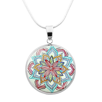 Glass Mandala Flower Dome Pendant Necklace, Platinum Brass Jewelry for Women, Honeydew, 24.21 inch(61.5cm)