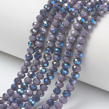 Electroplate Opaque Solid Color Glass Beads Strands, Half Plated, Blue Plated, Faceted, Rondelle, Medium Purple, 4x3mm, Hole: 0.4mm, about 123~127pcs/strand, 16.5~16.9 inch(42~43cm)
