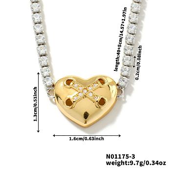 Golden Tone Brass Clear Cubic Zirconia Cup Chain Geometric Pendant Necklaces for Women, Heart, 15.75 inch(40cm)