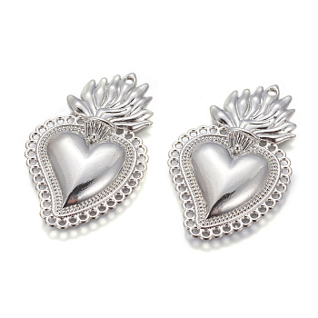 Alloy Pendants, Sacred Heart, Heart of Holy Flame, Platinum, 40x25x3.5mm, Hole: 1.5mm