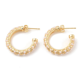 Plastic Pearl Beaded Ring Stud Earrings, Rack Plating Brass Half Hoop Earrings for Women, Cadmium Free & Lead Free, Real 18K Gold Plated, 25x23.5x3.5mm, Pin: 0.8mm