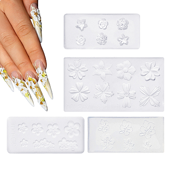 4Pcs 4 Styles 3D Silicone Molds, Flower Carved Mold, For DIY Resin Jewelry Making and Nail Art Design, Rectangle, Clear, 1.95~3x4.1~5.55x0.6~0.7cm, 1pc/style