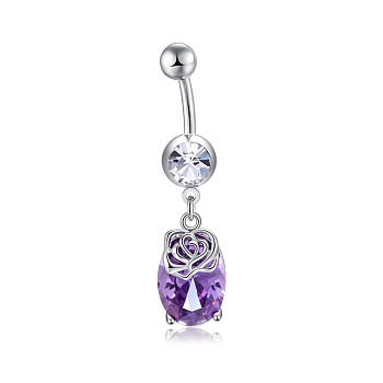 Brass Cubic Zirconia Navel Ring, Belly Rings, with 304 Stainless Steel Bar, Cadmium Free & Lead Free, Oval, Dark Orchid, 43mm, Bar: 15 Gauge(1.5mm), Bar Length: 3/8"(10mm)