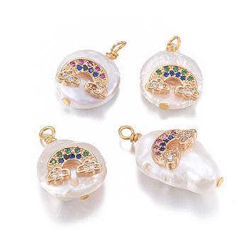 Natural Cultured Freshwater Pearl Pendants, with Brass Micro Pave Cubic Zirconia Findings, Nuggets with Rainbow, Golden, Mixed Color, 17~26x11~16x5~11mm, Hole: 1.6~2mm