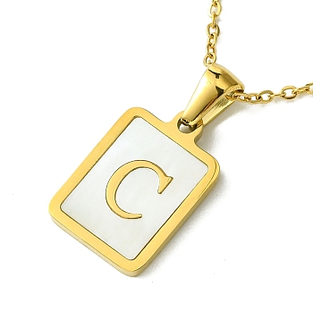 Ion Plating(IP) Rectangle with Initial Letter 304 Stainless Steel Pendant Necklace, white Shell, Real 18K Gold Plated, Letter C, 16.06 inch(40.8cm)