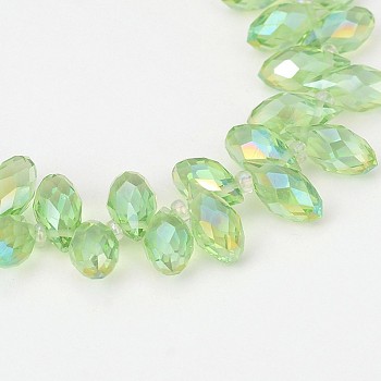 Electroplate Glass Beads Strands, Top Drilled Beads, Faceted Teardrop, AB Color Plated, Light Green, 12~13x6mm, Hole: 1mm, about 95~99pcs/strand, 15.7~18 inch