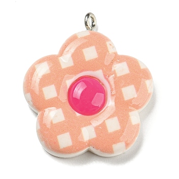 Opaque Resin Pendants, Flower Charms, with Platinum Tone Iron Loops, Light Salmon, 30x26x6mm, Hole: 1.5mm