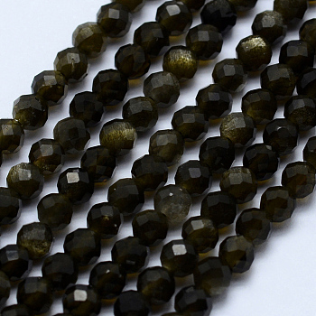 Natural Golden Sheen Obsidian Beads Strands, Faceted, Round, 3~3.5mm, Hole: 0.5mm, about 130~138pcs/strand, 15.7 inch(40cm)