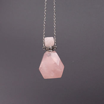 Natural Rose Quartz Perfume Bottle Necklace, with Stainless Steel Chains, 17.72 inch(45cm)
