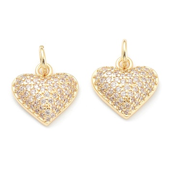Brass Clear Cubic Zirconia Charms, Long-Lasting Plated, with Jump Ring, Heart, Golden, 11.5x11.5x3.5mm, Hole: 3.5mm