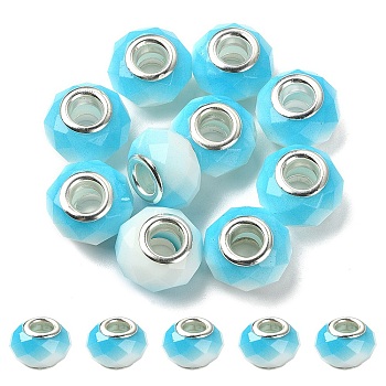 Glass European Beads, Large Hole Beads, with Silver Tone Brass Double Cores, Faceted Rondelle, Light Sky Blue, 14x9mm, Hole: 5mm