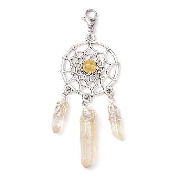 Alloy Woven Net/Web with Natural Yellow Quartz Pendants Decorations, Wire Wrapped Natural Quartz Crystal Charm Ornaments, 80x28mm