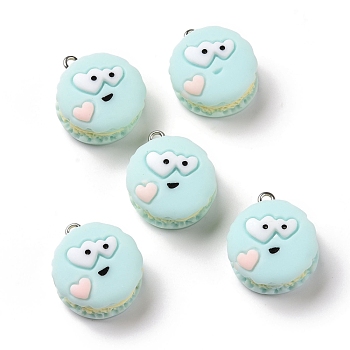 Opaque Resin Pendants, with Platinum Tone Iron Loops, Biscuit with Expression, Pale Turquoise, 22.5x19x13mm, Hole: 2mm