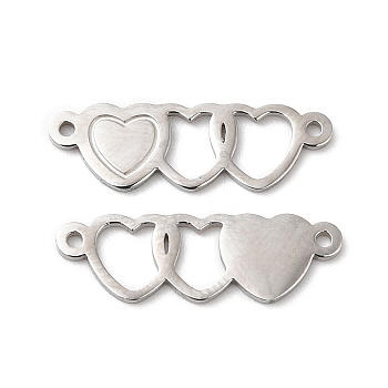 316L Surgical Stainless Connector Charms, Three Heart Links, Stainless Steel Color, 6x18.5x1mm, Hole: 0.9mm
