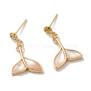 Whale Tail Shape Brass with Natural Shell Dangle Stud Earring Findings, Earring Settings for Half Drilled Beads, Golden, Tray: 3mm, 23.5x13.5mm, Pin: 11x0.7mm and 0.9mm(KK-P253-03G)