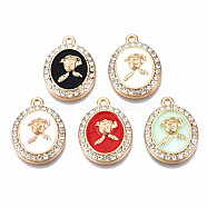 Rack Plating Alloy Enamel Pendants, with Crystal Rhinestone, Light Gold, Cadmium Free & Nickel Free & Lead Free, Oval with Flower, Mixed Color, 21x16x4mm, Hole: 1.6mm(PALLOY-N172-062)