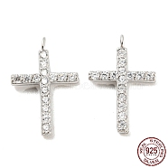 925 Sterling Silver Micro Pave Cubic Zirconia Charms, Cross, Real Platinum Plated, 14x9x1.5mm, Hole: 1mm(STER-Q190-06P)