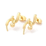 Brass Stud Earring Findings, with 925 Sterling Silver Pins, for Half Drilled Beads, Real 18K Gold Plated, 18x8mm, Pin: 12x0.8mm and 1mm(for Half Drilled Beads)(KK-M270-34G)