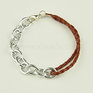 Fashion Braided Bracelets, with PU Leather Cord, Aluminium Chains and Alloy Lobster Claw Clasps, Saddle Brown, 195mm(X-BJEW-JB00848-09)