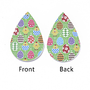 PU Leather Big Pendants, Easter Theme, teardrop, with Chick and Egg Pattern, Light Green, 55x35x2mm, Hole: 2mm(X-FIND-T058-A16)
