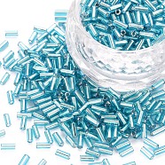 Plated Glass Bugle Beads, Metallic Colours, Sky Blue, 4x2mm, Hole: 1mm, about 14000pcs/Pound(SEED-S046-01A-23)
