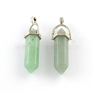 Green Aventurine Stone Pendants with Alloy Findings, Platinum, 40~42x13.5x10mm, Hole: 2mm(G-R278-28P)