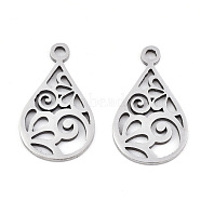 201 Stainless Steel Pendants, Laser Cut, Teardrop, Stainless Steel Color, 17x10x0.9mm, Hole: 1.4mm(X-STAS-S081-049)