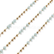 Rondelle Glass Beaded Link Chains, with Golden 304 Stainless Steel Paperclip Chains, Soldered, with Spool, Aqua, 3x2.5mm, 2mm, about 32.81 Feet(10m)/Roll(CHS-G028-07G-04)