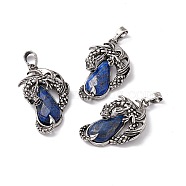 Natural Natural Lapis Lazuli Pendants, Faceted Teardrop Charms with Rack Plating Antique Silver Tone Brass Dragon, Cadmium Free & Lead Free, 39x23x8.5mm, Hole: 8x5mm(G-H281-06G)