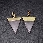 Natural Rose Quartz Pendants, with Golden Tone Brass Findings, Triangle, 30~35x23~28x5mm, Hole: 8x5mm(G-P050-05G)