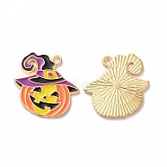 Halloween Alloy Enamel Pendants, Light Gold, Pumpkin with Hat Charm, Orange, 21x20.5x1mm, Hole: 1.5mm(PALLOY-F299-01KCG)