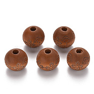 Painted Natural Wood Beads, Laser Engraved Pattern, Round with Flower Pattern, Peru, 16x15mm, Hole: 4mm(WOOD-N006-03B-02)