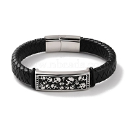 Men's Braided Black PU Leather Cord Bracelets, Rectangle with SkullS 304 Stainless Steel Link Bracelets with Magnetic Clasps, Antique Silver, 8-3/4 inch(22.3cm)(BJEW-K243-27AS)