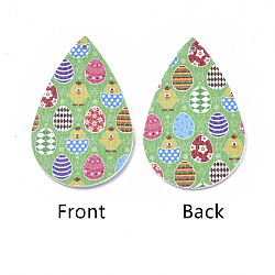 PU Leather Big Pendants, Easter Theme, teardrop, with Chick and Egg Pattern, Light Green, 55x35x2mm, Hole: 2mm(X-FIND-T058-A16)