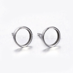 Tarnish Resistant 304 Stainless Steel Stud Earring Settings, Flat Round, Stainless Steel Color, Tray: 6mm, 8mm, Pin: 0.8mm(A-STAS-K131-A-01P)