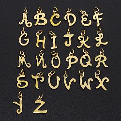 201 Stainless Steel Charms, Laser Cut, with Jump Rings, Alphabet A~Z, Golden, 12x6x1mm, Hole: 3mm, 26pcs/set(STAS-Q237-M002-9)