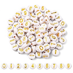 Plating Acrylic Beads, Golden Metal Enlaced, Flat Round with Number, White, White, 7x4mm, Hole: 1.2mm(PACR-YW0001-10)