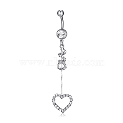 Piercing Jewelry, Brass Cubic Zirconia Navel Ring, Belly Rings, with 304 Stainless Steel Bar, Lead Free & Cadmium Free, Heart, Clear, Platinum, 81x16mm, 81x16mm, Bar Length: 3/8"(10mm), Bar: 14 Gauge(1.6mm)(AJEW-EE0002-13P)